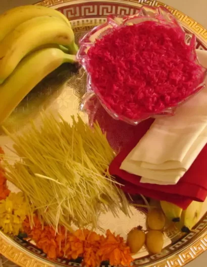 Dashain Tika Thali, decorated with Tika, Jamara, Fruits, and Flowers